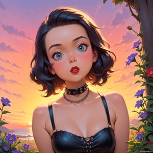 Masterpiece, 4K, ultra detailed, sexy punk woman, choker necklace, long flowy hair, wild flowers, depth of field, SFW, Ukiyoe Art Style, Vintage American illustration's,KidsRedmAF, sunset,