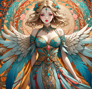 Masterpiece, 4K, ultra detailed, 1 golden blonde angel woman with angelic makeup enhance by her seductive pink lips, gray and cyan ombre detailed feather wings, busty with ample cleavage, traveling through mystical flowering forest, (art nouveau ), SFW, depth of field, ,more detail XL, ,dunhuang, 