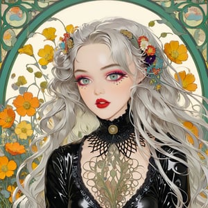 Masterpiece, 4K, ultra detailed, anime style, beautiful punk girl with goth makeup and glossy lips, long flowy hair, wild flowers, depth of field, SFW,more detail XL, retro illustrations, art Nouveau, Vintage American illustration's 