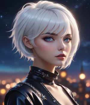 Masterpiece, 4K, ultra detailed, elegant fashionable woman, perfect makeup and short white hair, SFW, depth of field, epic night sky, vibrant color Punk Art Style, 