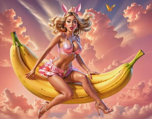 Full body closeup portrait, Beautiful girl wearing Playboy Bunny outfit riding a banana heading to a gigantic peach in the sky, windy, big detailed eyes, ColorART, highly detailed, fantasy setting, dynamic angle,