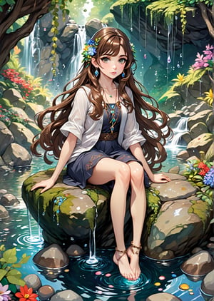 Solo, full body portrait, anime style, beautiful woman with long brown hair, big detailed eyes and dangling crystal earrings, sitting on boulders, both feet in water kicking, in mythical forest with hanging thick vines and cluster of colorful flowers, shallow stream, water splash, reflections, pebbles, highly detailed, dynamic angle, more detail XL