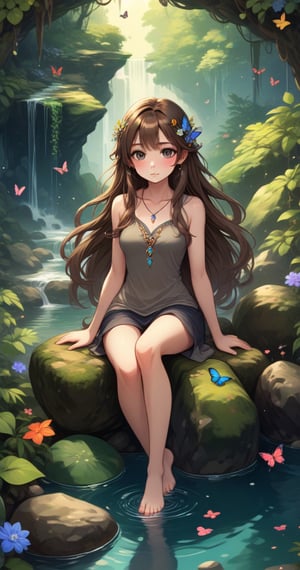 Solo, full body portrait, anime style, beautiful woman with long brown hair, big detailed eyes and dangling crystal earrings, sitting on boulders, both feet in water kicking, in mythical forest with hanging thick vines and cluster of colorful flowers, butterflies, shallow stream, water splash, reflections, pebbles, highly detailed, dynamic angle, more detail XL,more detail XL,<lora:659095807385103906:1.0>