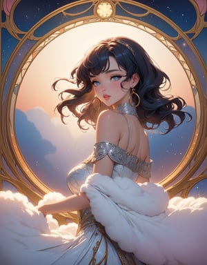 Masterpiece, 4K, ultra detailed, sexy fashion woman, glossy seductive lips and sparkling eye shadow, dangling earrings, fluffy hoop skirt, SFW, depth of field, falling silver dust, Art Nouveau, backlighting,