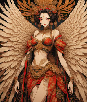 Masterpiece, 4K, ultra detailed, anime style, sexy brown skinned angel girl with angelic makeup enhance by her seductive lips, detailed feather wings, slim and toned waist, SFW, depth of field, art deco, Ink art,oiran