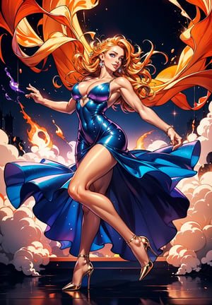 A long hair female smiling, flowy sparkling blue dress, shiny pantyhose and high heels, medium breasts, big beautiul eyes, dancing in a grand hallway, swirling orange flame and purple smoke, very windy, behisheroine, full body portrait, 4K, dynamic angle, photorealistic, reflections, 