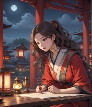 Masterpiece, 4K, ultra detailed, Sketchbook Style, 1 beautiful woman with long wavy hair and glossy lips wearing traditional Asian outfit, paper scroll on table, in shrine at night, oil lamp, windy, SFW, depth of field,