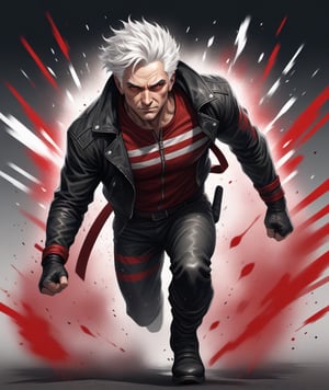 Mature Male fighter with white hair wearing  leather jacket with red stripes, detailed eyes, black boots with metal hardware, running poses, 4k, windy, highly detailed, (full body portrait), dynamic angle, ink splash style, more detail XL,<lora:659095807385103906:1.0>
