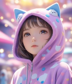 Masterpiece, 4K, ultra detailed, pretty girl wearing kitten onesie, SFW, depth of field, dreamy background,