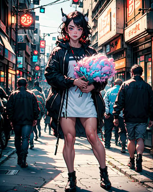 A cute young girl holding1gigantic round cotton candy on a stick with 2 hands, street fair background, 4k, highly detailed, full body portrait, extreme depth of field,25D_Loras