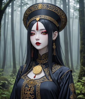 Masterpiece, 4K, ultra detailed, anime style, frightening female Jiangshi with flawless goth makeup, paper talisman on forehead and glossy lips, eyes closed, golden earring, wavy long hair, dark silk robe with very long sleeves, in a misty dark forest, depth of field, SFW, more detail XL,