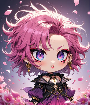 Masterpiece, 4K, ultra detailed, chibi anime style, beautiful female singer with dark makeup, beautiful detailed eyes and glossy lips, golden earring, long purple and pink ombre hair, flowy sheer robe, romantic flower petals, windy, depth of field, SFW, more detail XL, punk art style,
