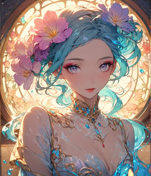 Masterpiece, 4K, ultra detailed, fashionable woman made of luminrous liquid, perfect makeup, SFW, depth of field, backlighting, Art nouveau flowers,