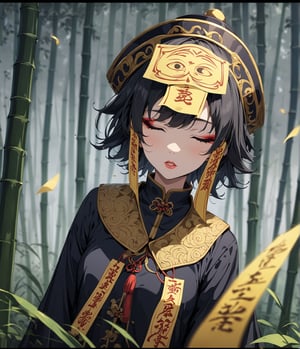 Masterpiece, 4K, ultra detailed, anime style, female Jiangshi with flawless makeup, yellow paper talisman on forehead and glossy lips, eyes closed, dark sheer robe with very long sleeves, in a misty dark bamboo forest, depth of field, SFW, more detail XL, Ukiyoe Art Style,