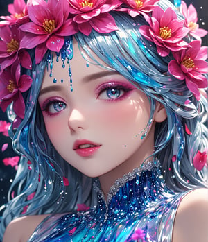 Masterpiece, 4K, ultra detailed, elegant and sexy woman made of luminrous liquid, perfect makeup, SFW, depth of field, fantasy flowers,