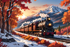 (masterpiece, high quality, 8K resolution, ultra detailed), steam locomotive passing through a forest during autumn, red and orange fall foliage, depth of field, snow capped mountains landscape background, ink, bold line art, sunset,