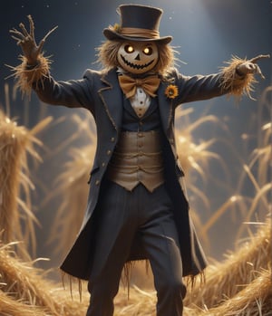 Masterpiece, 4K, Ultra detailed, scarecrow dancing on stage, sparkling suit and top hat, dried hay, SFW,