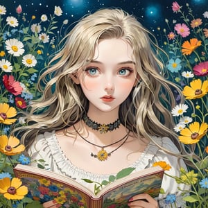 Masterpiece, 4K, ultra detailed, beautiful punk woman, choker necklace, long flowy hair, wild flowers, depth of field, SFW, retro illustrations, Vintage American illustration's,Children's storybook illustrations 