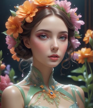 Masterpiece, 4K, ultra detailed, fashionable woman made of luminrous liquid, perfect makeup, SFW, depth of field, Art nouveau flowers,raw photo, realistic:1.3 cinematic photo