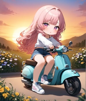 Masterpiece, 4K, ultra detailed, chibi anime style, beautiful female scooter rider with glamorous makeup and glossy lips, long flowy hair, short denim skirt and sneakers, epic sunset, wild flowers, depth of field, SFW,