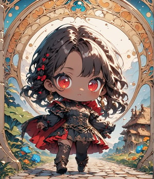Masterpiece, 4K, ultra detailed, chibi anime style, beautiful brown skinned pirates woman with braided hair, bright detailed eyes with goth makeup, marching on cobblestone road, SFW, depth of field, Details, ((art Nouveau style)), ,Deformed