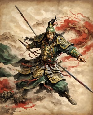 ((anime)), Chinese military general Guan Yu, holding a Lance in his right hand, attack pose,  bloody battlefield background,on parchment, from above