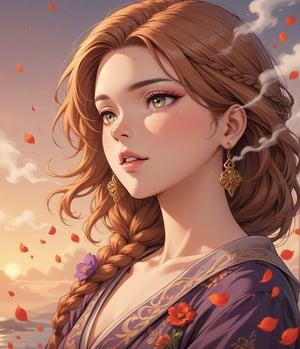 Masterpiece, 4K, ultra detailed, beautiful lady with natural makeup, beautiful detailed eyes and glossy lips, golden earring, brown and ginger ombre braided hair, romantic flower petals, colorful bellowing smoke, windy, depth of field, SFW, ukiyoe art style,
