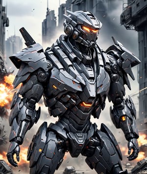 anime style, futuristic dark grey mech armor power suit in a warzone, moving in high speed, dynamic angle, more detail XL,