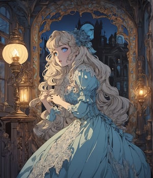 Masterpiece, 4K, Ultra detailed, vintage anime style, beautiful girl with glamorous makeup wearing Victorian lace dress escaping in a dark haunted house, beautiful blue eyes, lit by oil lamp, SFW, Art Nouveau Style,