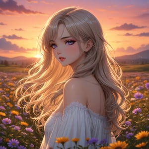 Masterpiece, 4K, ultra detailed, anime style, beautiful girl with glamorous makeup and glossy lips, long flowy hair, epic sunset, wild flowers, depth of field, SFW,more detail XL,