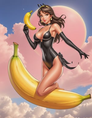 Anime style, Full body closeup portrait, Beautiful girl wearing black Playboy Bunny outfit riding a banana heading to a gigantic peach in the sky, windy, big detailed eyes, highly detailed, fantasy setting, dynamic angle,