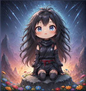 Masterpiece, 4K, ultra detailed, chibi anime style, beautiful female ninja with flawless makeup and glossy lips, long flowy hair wearing ninja outfit, on top of a crystalized rocky cliff, looking at the colorful starry night, shooting stars, wild flowers, depth of field, SFW,