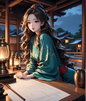 Masterpiece, 4K, ultra detailed, Sketchbook Style, 1 beautiful woman with long wavy hair and glossy lips wearing traditional Asian outfit, paper scroll on table, in shrine at night, oil lamp, windy, SFW, depth of field,shuimo style