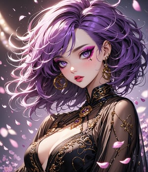 Masterpiece, 4K, ultra detailed, beautiful female singer with glamorous makeup, beautiful detailed eyes and glossy lips, golden earring, long purple hair, flowy sheer robe, romantic flower petals, windy, depth of field, SFW, more detail XL, punk art style,