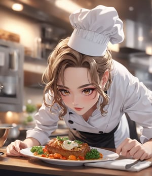 Masterpiece, 4K, ultra detailed, solo, 1 professional female chef with glamorous makeup, chef hat, bent over, fantastic cuisine, depth of field, SFW,