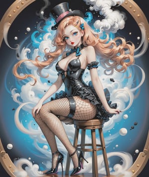 Pin-up style, masterpiece, beautiful long peach hair woman wearing magician assistant outfit with a small top hat, sitting on a tall stool, fishnet pantyhose and Stilettos high heels, slim waist and large detailed blue eyes, more detail XL, ((SFW)), swirling color smoke,