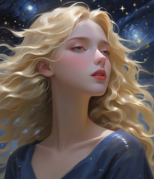 Masterpiece, 4K, ultra detailed, 1 beautiful woman with blonde hair and glossy lips, windy starry night, SFW, depth of field, oil painting, illustration style,style by nty