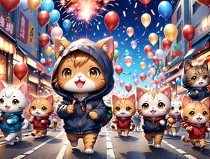 ((anime chibi style)), cute cats in hoodie parade on busy street, new year setting, balloon and firecrackers, dynamic angle, depth of field, detail XL, solo,(anime)