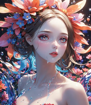 Masterpiece, 4K, ultra detailed, elegant and sexy woman made of luminrous liquid, perfect makeup, SFW, depth of field, fantasy flowers,