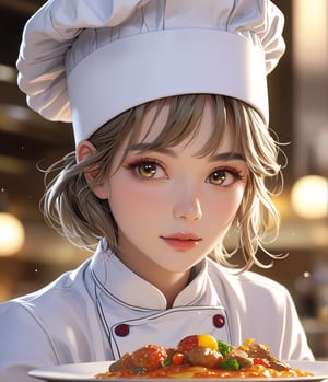 Masterpiece, 4K, ultra detailed, solo, 1 professional female chef with glamorous makeup, chef hat, fantastic cuisine, depth of field, SFW,