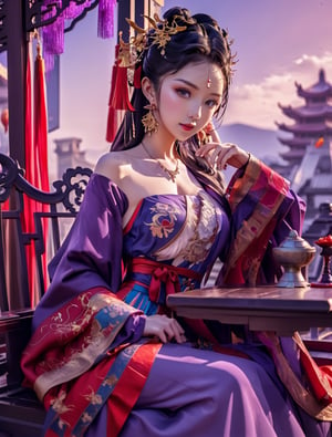 ((anime)), Asian girl with a big curlicue horns headpiece leaning on stylish high chair, purple and red dress, big beautiful eyes, ancient temple, dynamic angle, SFW, ,colorful