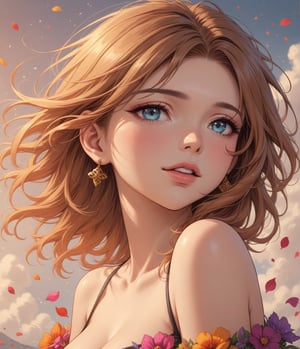 Masterpiece, 4K, ultra detailed, beautiful lady with natural makeup, beautiful detailed eyes and glossy lips, golden earring, brown and ginger ombre hair, romantic flower petals, colorful bellowing smoke, windy, depth of field, SFW,