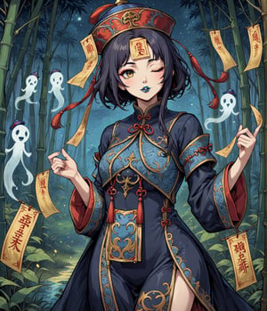 Masterpiece, 4K, ultra detailed, anime style, female Jiangshi with flawless makeup, yellow paper talisman tape on forehead and dark blue lips, 1 eye closed, dark sheer robe with very long sleeves, in a dark bamboo forest at night, floating ghost spirit in the back, depth of field, SFW, more detail XL, art nouveau art style,