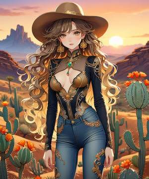 Masterpiece, 4K, ultra detailed, anime style, ((solo)), sexy long wavy hair girl wearing cowboy hat and skin tight jeans, beautiful hazel color eyes, dangling gold earrings, in rocky desert cactus with flowers, sunset, more detail XL, SFW, depth of field, (art nouveau style)