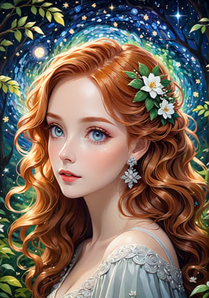 Masterpiece, 4K, ultra detailed, ((solo)), anime impressionism art style, elegant mature woman with beautiful detailed eyes and glamorous makeup, long wavy ginger hair, finely detailed earrings, hand over head, in a flowering forest,  swirling starry night, more detail XL, SFW, depth of field,