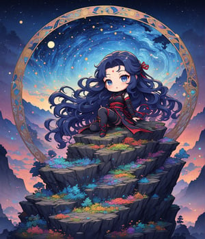 Masterpiece, 4K, ultra detailed, chibi anime style, beautiful female ninja with flawless makeup and glossy lips, long flowy hair wearing ninja outfit, on top of a crystalized rocky cliff, looking at the colorful starry night, depth of field, SFW, Art Nouveau,