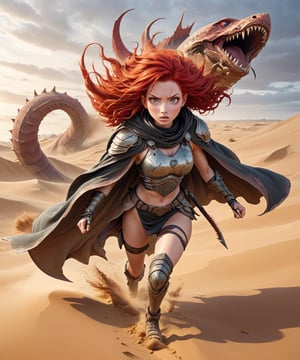 Surrealist anime art style, a lone red hair female warrior wearing cape in apocalyptic sand dunes, running at viewers, gigantic sandworm with spikes bursting out from the sand in the background, more detail XL, dusk,