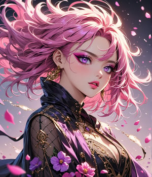 Masterpiece, 4K, ultra detailed, beautiful female singer with glamorous makeup, beautiful detailed eyes and glossy lips, golden earring, long purple and pink hair, flowy sheer robe, romantic flower petals, windy, depth of field, SFW, more detail XL, punk art style,