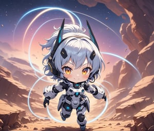 Masterpiece, 4K, ultra detailed, chibi anime style, cyber robot girl wearing tactical headset with fin antenna, smiling at viewers, SFW, flying on colorful rocky space terrain, dusty vapor trail, depth of field, 