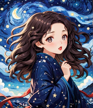 Masterpiece, 4K, ultra detailed, Chibi Art Style,1 beautiful woman with wavy hair and glossy lips, windy starry night, SFW, depth of field, Ukiyoe Art Style,